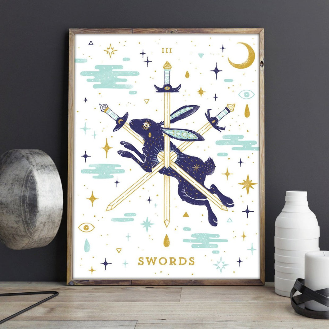 III of Swords Metallic Gold Tarot 18x24 Screenprint Poster